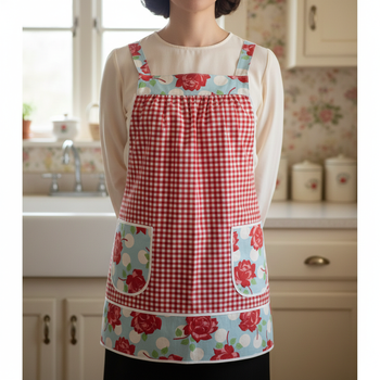 Red Gingham and Roses Pinafore with no ties, relaxed fit smock with pockets, retro floral kitchen apron XS to 5X