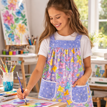Glitzy Butterflies Children's Pinafore with no ties (straps go straight over the shoulders) relaxed fit smock with pockets, SIZE 10/12, RTS