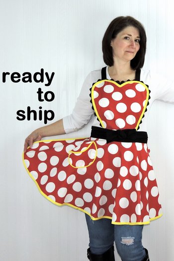 Red Polka Dot Twirly Skirt Apron with heart-shaped bib, flirty kitchen apron, delightful Minnie cosplay apron- ready to ship
