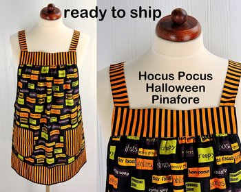 Hocus Pocus Halloween Pinafore Apron with no ties fits L/XL/2X , relaxed fit smock with pockets ready to ship