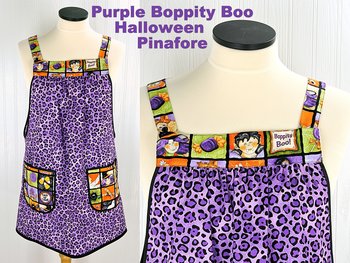 Purple Boppity Boo Halloween Pinafore Apron with no ties fits L/XL/2X, relaxed fit smock with pockets, ready to ship now