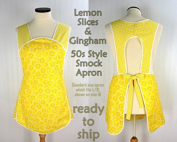 Lemon Slices & Gingham 50s Smock Apron, relaxed fit "H-back" doesn't touch neck, "first sample" fits L/XL, SHIPS FAST