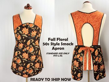 Fall Floral 50s Style Smock Apron, comfortable relaxed fit apron (H back style doesn't touch neck) last one fits L/XL SHIPS FAST
