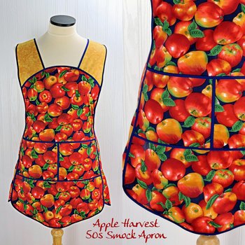 Apple Harvest 50s Smock Apron with kangaroo pocket, relaxed fit with no neck ties (H-back apron) fits sizes large or X-large SHIPS FAST