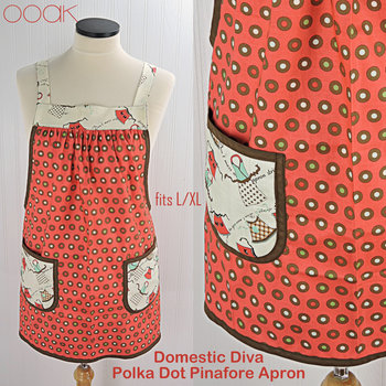 Domestic Diva Polka Dot Pinafore Apron with no ties, relaxed fit smock with pockets, standard size fits L-XL-2X, ready to ship