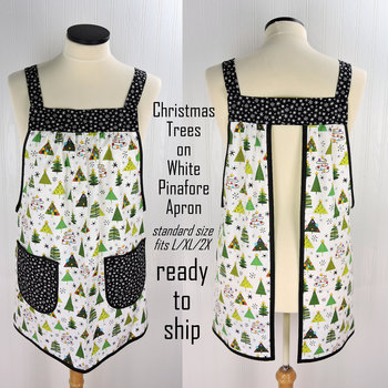 Christmas Trees on White Pinafore with no ties, relaxed fit smock with pockets fits L/XL/2X, one of a kind holiday apron ships fast