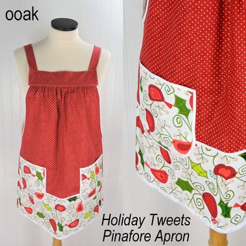 Holiday Tweets Pinafore Apron with no ties, relaxed fit smock with pockets fits L/XL/2X, one of a kind holiday apron ships fast