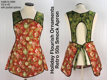 XS-4X Retro 50s Christmas Smock, Holiday Flourish Ornaments in Red, relaxed fit H-back apron, made to order with pocket options