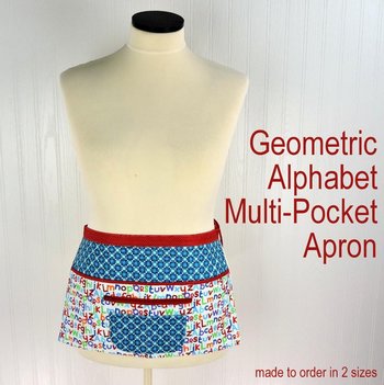 Geometric Alphabet Multi-Pocket Apron with zipper money pocket for teachers, waitresses, daycare, librarians, ready to ship
