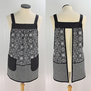 B/W Fancy Medallion Scrapbuster Pinafore with no ties (straps go straight over the shoulder) relaxed fit smock with pocket L/XL/2X ships now