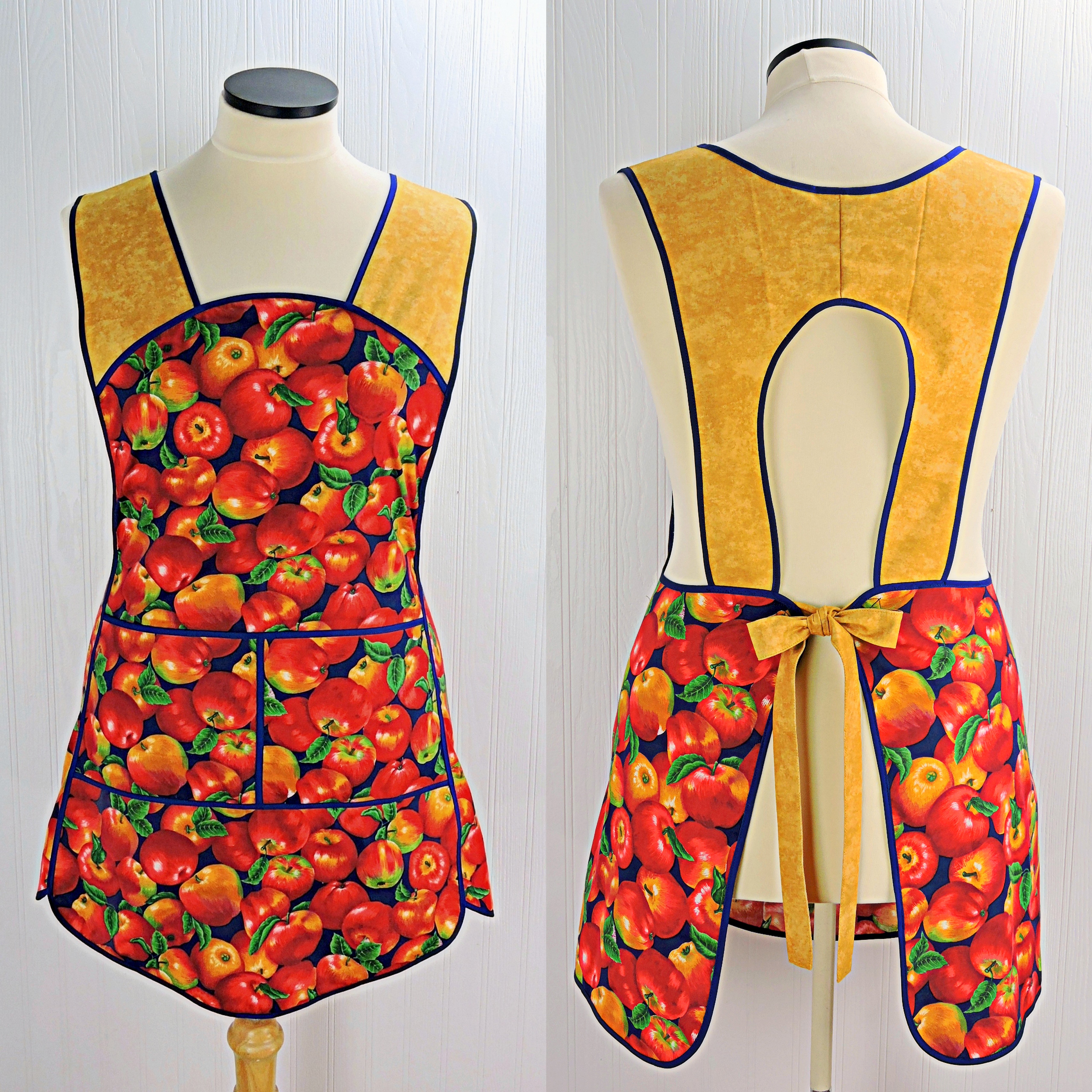 Handmade cotton smock apron with wide shoulder straps and optional pockets by Laurie's Gifts.