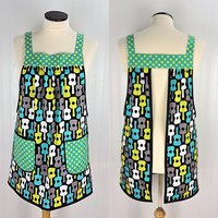 Groovy Guitars Pinafore Apron with no ties, relaxed fit smock with pockets, Lagoon colorway, ready to ship, fits L/XL/2X