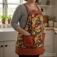 Sunflower Harvest Pinafore with no ties, relaxed fit smock with pockets, fall vegetables & fruit, fits L/XL/2X, ready to ship