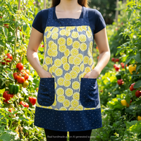 Sunny Lemons on Navy Pinafore Apron with no ties, relaxed fit smock apron with pockets, made to order XS - 5X