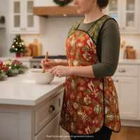 XS-4X Retro 50s Christmas Smock, Holiday Flourish Ornaments in Red, relaxed fit H-back apron, made to order with pocket options