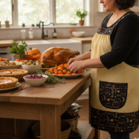 Thanksgiving Hostess Apron, Happy Gatherings Pinafore with no ties, relaxed fit smock with pockets fits L/XL/2X, ready to ship