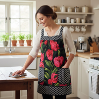 Red Tulips Pinafore Apron with no ties, plus size smock apron with pockets, Standard Size (fits L/XL/2X) ready to ship now