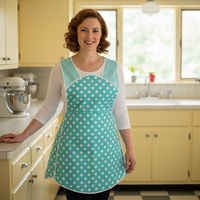 Aqua Polka Dot 50s Smock Apron with no neck ties (H-back style sits on shoulders) XS to 4X with pocket options