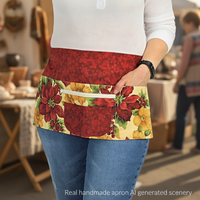 Christmas Floral Multi-Pocket Teacher Apron, Xmas Vendor Apron with money pocket, MADE to ORDER fits waists up to 40"