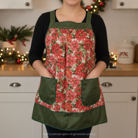 Poinsettia in Snow Pinafore with no ties, relaxed fit smock with pockets, red & green Christmas Floral Apron, LAST ONE made to order