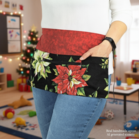 Red Tis the Season Poinsettia Multi-Pocket Teacher Apron, Xmas Vendor Apron with money pocket, Ready to Ship fits waist up to 40"