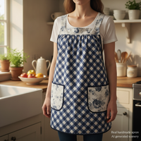 Tranquility Rose Trellis Pinafore with no ties (straps go straight over the shoulders) blue & white smock with pockets ready to ship L/XL/2X