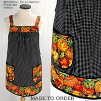Bountiful Fall Harvest Pinafore with no ties, relaxed fit smock with pockets, fall pumpkins apron fits XS to 5X, made to order 
