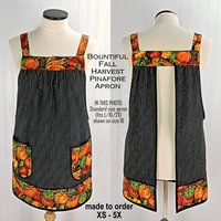 Bountiful Fall Harvest Pinafore with no ties, relaxed fit smock with pockets, fall pumpkins apron fits XS to 5X, made to order 