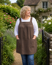 Brown Washed Linen Pinafore with no ties, 100% flax linen relaxed fit smock with pockets, made to order XS - 5X