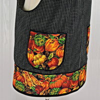 Bountiful Fall Harvest Pinafore with no ties, relaxed fit smock with pockets, fall pumpkins apron fits XS to 5X, made to order 