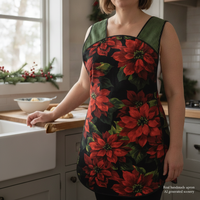 Retro 50s Christmas Smock, Large Poinsettias on Black relaxed fit H-back apron, 1st sample available (fits L/XL) ready to ship