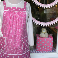 XS- 5X Pink Polka Dot Pinafore with no ties, relaxed fit smock with pockets, retro hostess apron handmade after order