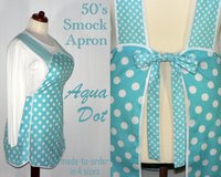 Aqua Polka Dot 50s Smock Apron with no neck ties (H-back style sits on shoulders) XS to 4X with pocket options