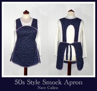 Navy Calico 50s Smock Apron, vintage-style all day work apron, "h-back" doesn't touch neck, made-to-order XS to 4X