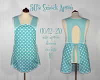 Aqua Polka Dot 50s Smock Apron with no neck ties (H-back style sits on shoulders) XS to 4X with pocket options