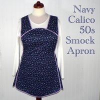 Navy Calico 50s Smock Apron, vintage-style all day work apron, "h-back" doesn't touch neck, made-to-order XS to 4X