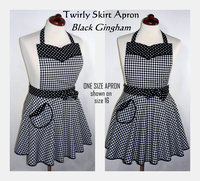 Black Gingham Twirly Skirt Apron, retro 50s circle skirt apron + sweetheart neckline, flirty kitchen apron with pocket, made to order