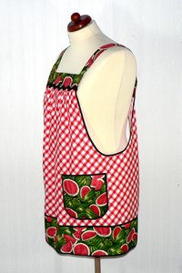 Watermelon Picnic Pinafore Apron with no ties, relaxed fit smock with pockets, retro farmhouse kitchen apron LAST ONE