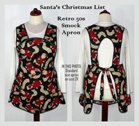 Santa's Christmas List Retro 50s Smock with no neck ties, H-back apron sits on shoulders, hostess apron fits L/XL ready to ship