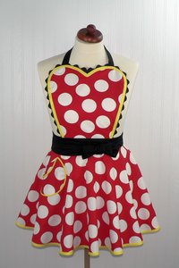 Red Polka Dot Twirly Skirt Apron with heart-shaped bib, flirty kitchen apron, delightful Minnie cosplay apron- ready to ship