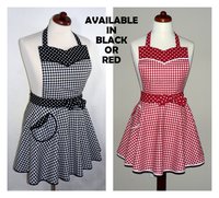 Black Gingham Twirly Skirt Apron, retro 50s circle skirt apron + sweetheart neckline, flirty kitchen apron with pocket, made to order