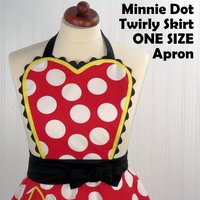 Red Polka Dot Twirly Skirt Apron with heart-shaped bib, flirty kitchen apron, delightful Minnie cosplay apron- ready to ship