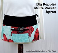 Big Poppies multi-pocket apron, floral waist apron with zipper pocket for vendors, teachers, servers, standard size fits waists up to 40 in.