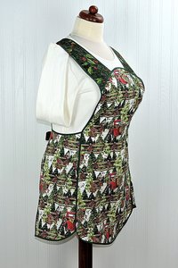 Retro 50s Christmas Smock, Pine Trees and Fences with old Red Trucks relaxed fit H-back apron, fits L/XL ready to ship