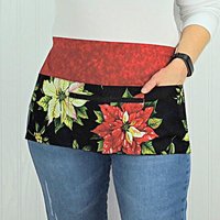 Red Tis the Season Poinsettia Multi-Pocket Teacher Apron, Xmas Vendor Apron with money pocket, Ready to Ship fits waist up to 40"