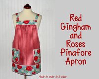 Red Gingham and Roses Pinafore with no ties, relaxed fit smock with pockets, retro floral kitchen apron XS to 5X