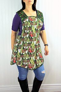 Retro 50s Christmas Smock, Pine Trees and Fences with old Red Trucks relaxed fit H-back apron, fits L/XL ready to ship