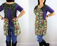 Retro 50s Christmas Smock, Pine Trees and Fences with old Red Trucks relaxed fit H-back apron, fits L/XL ready to ship
