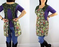 SHIPS FAST~ Retro 50s Christmas Smock, Pine Trees and Fences with old Red Trucks relaxed fit H-back apron, fits L/XL ready to ship