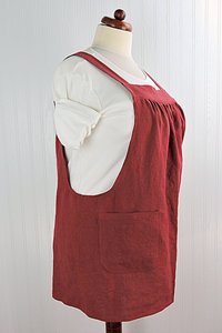 XS - 5X Dark Red Washed Linen Pinafore Apron with no ties, pure flax washed linen relaxed fit smock with pockets, handmade after order